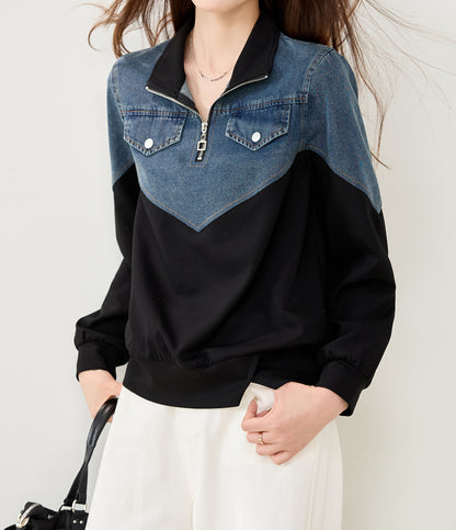 Denim Contrast Half-Zip Sweatshirt | Early Fall Casual
