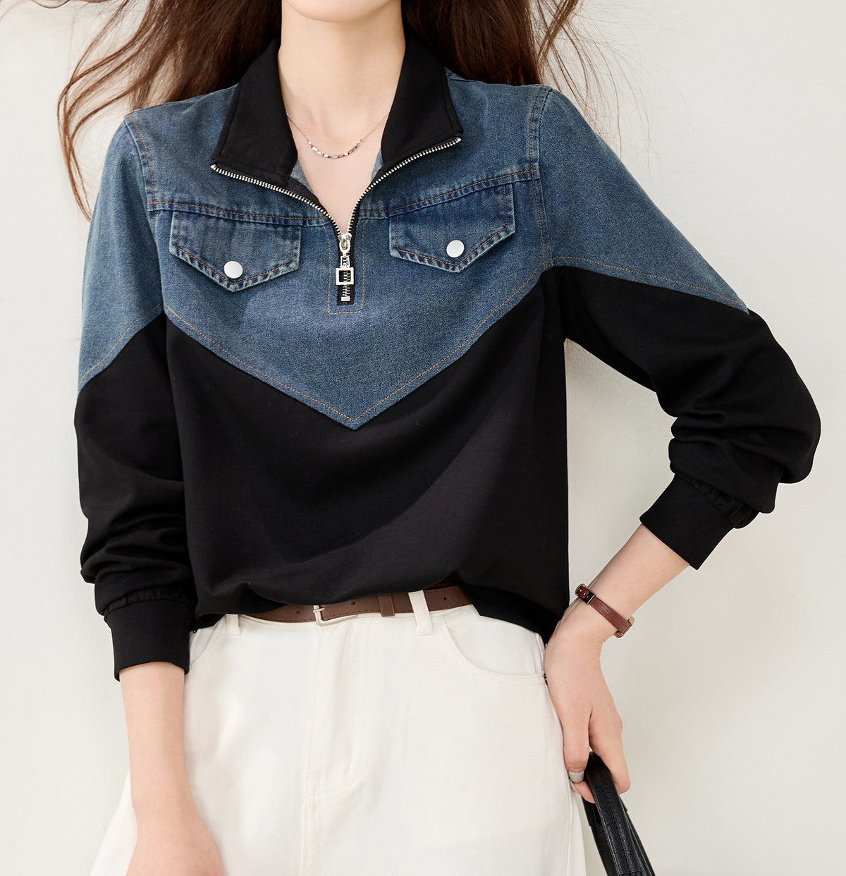 Denim Contrast Half-Zip Sweatshirt | Early Fall Casual