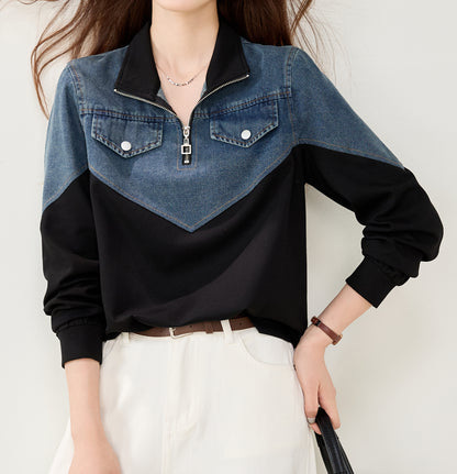 Denim Contrast Half-Zip Sweatshirt | Early Fall Casual