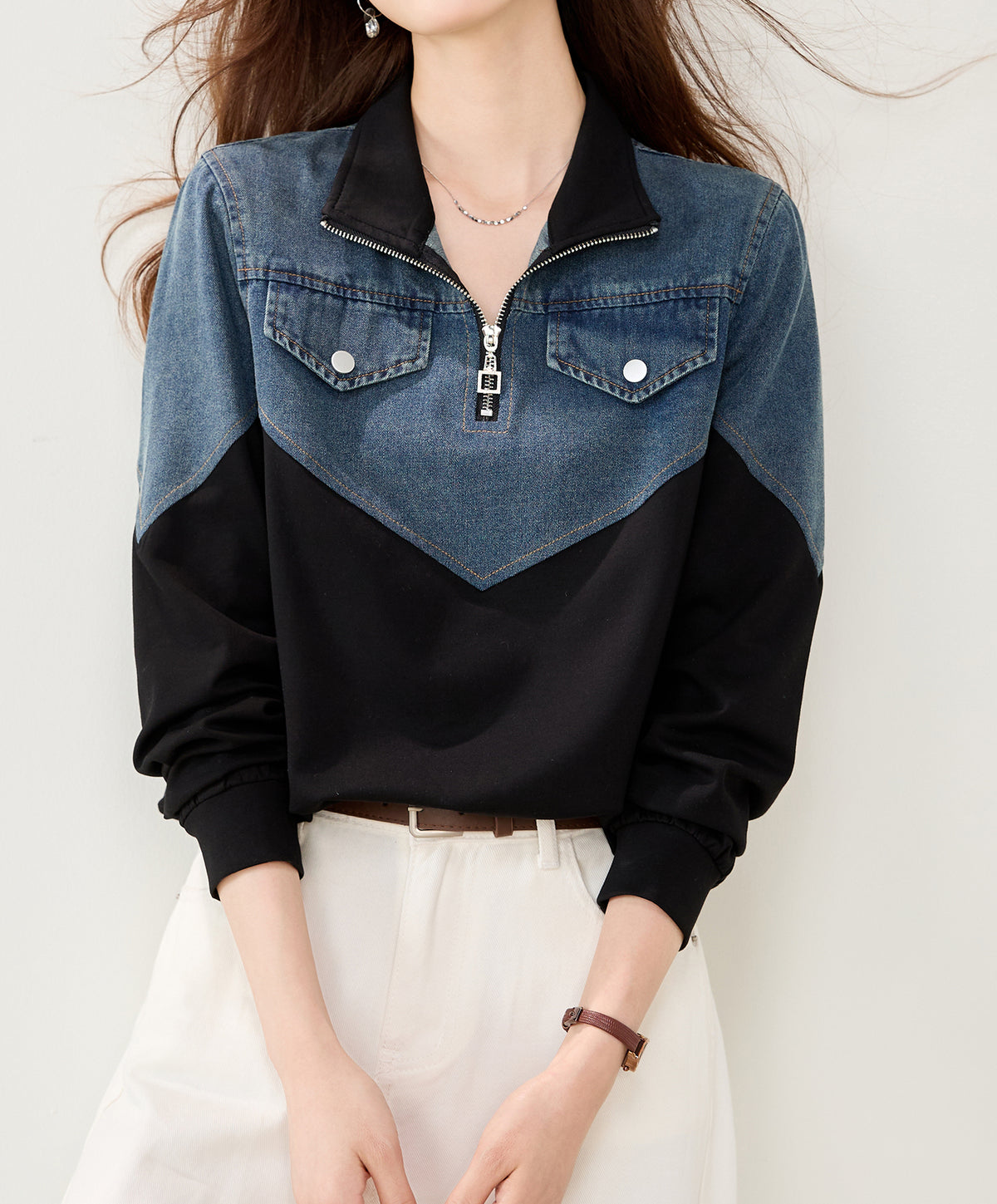 Denim Contrast Half-Zip Sweatshirt | Early Fall Casual