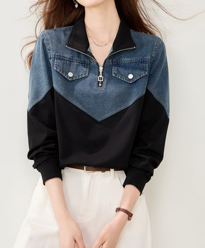 Denim Contrast Half-Zip Sweatshirt | Early Fall Casual