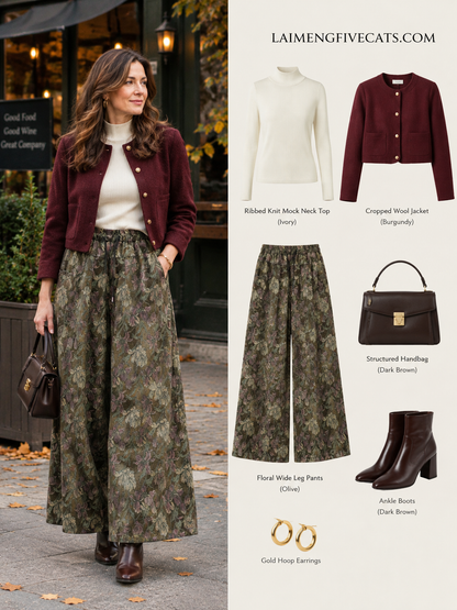Olive Floral Wide-Leg Jenas With Drawstring Waist