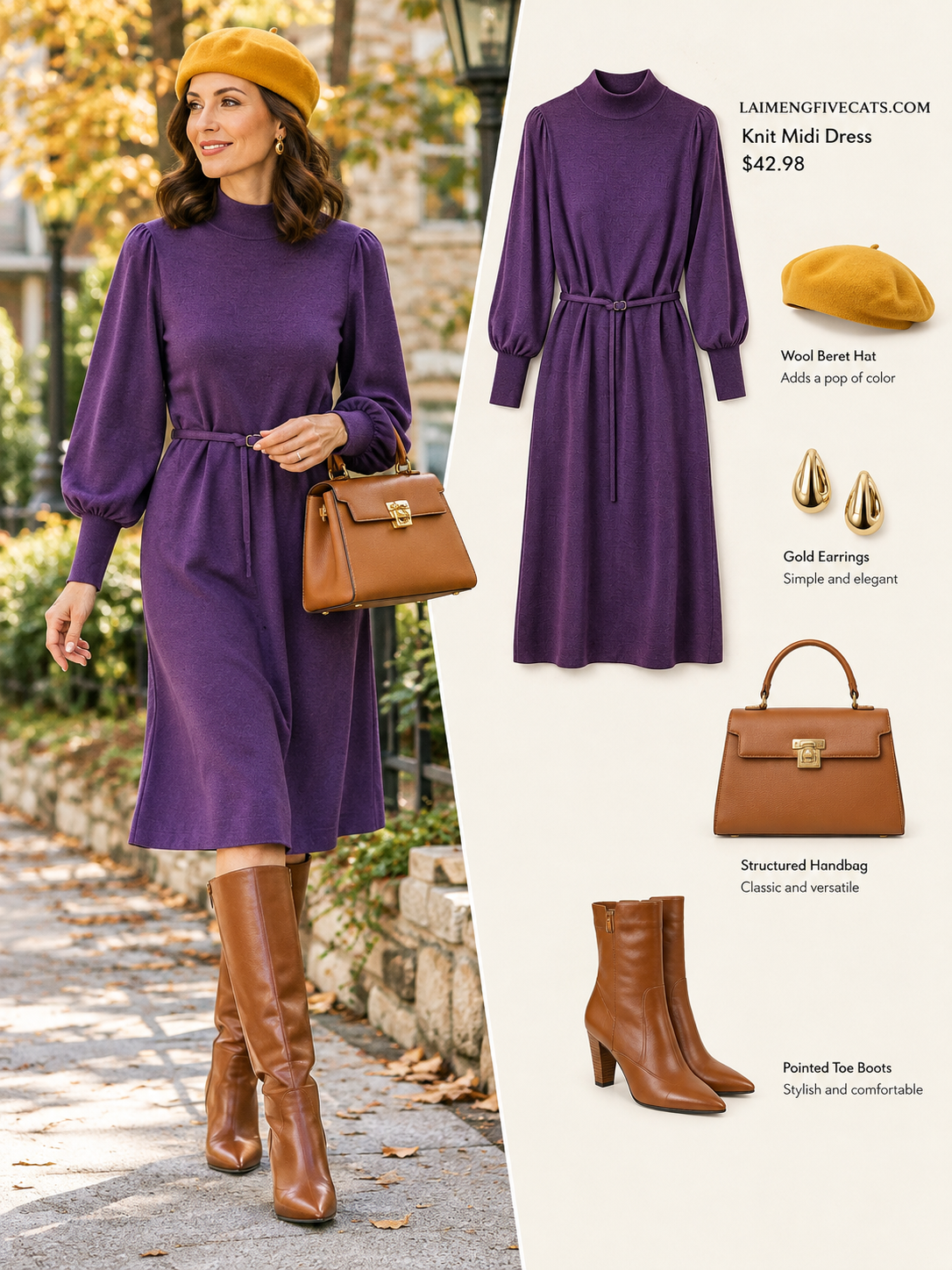 Elegant Mock Neck Knit Midi Dress: Lantern Sleeves & Belted Waist