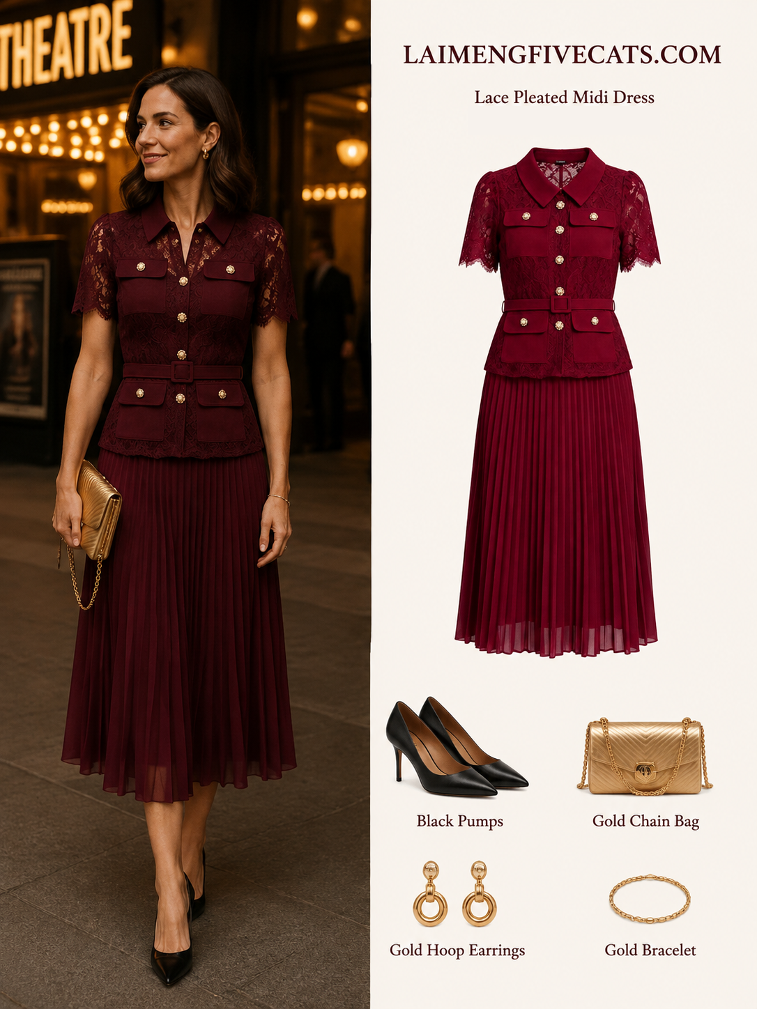Lace Pleated Midi Dress | Elegant Collared Belted Dress for Women