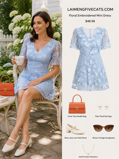 Light Blue 3D Floral Embroidered Mini Dress