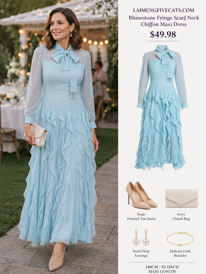 Elegant Chiffon Maxi Dress with Scarf Neck & Rhinestone Fringe