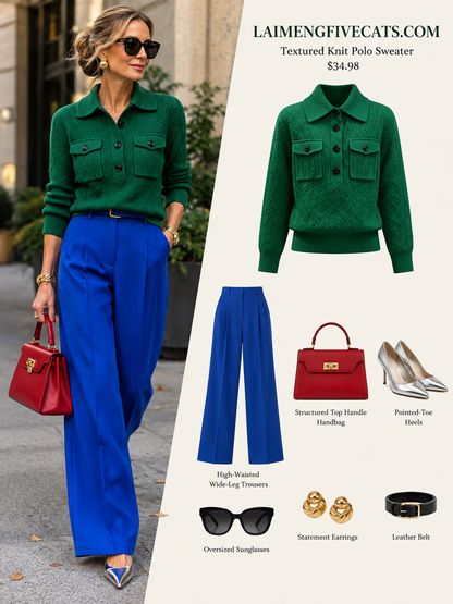 28694 Emerald Green Textured Knit Polo Sweater