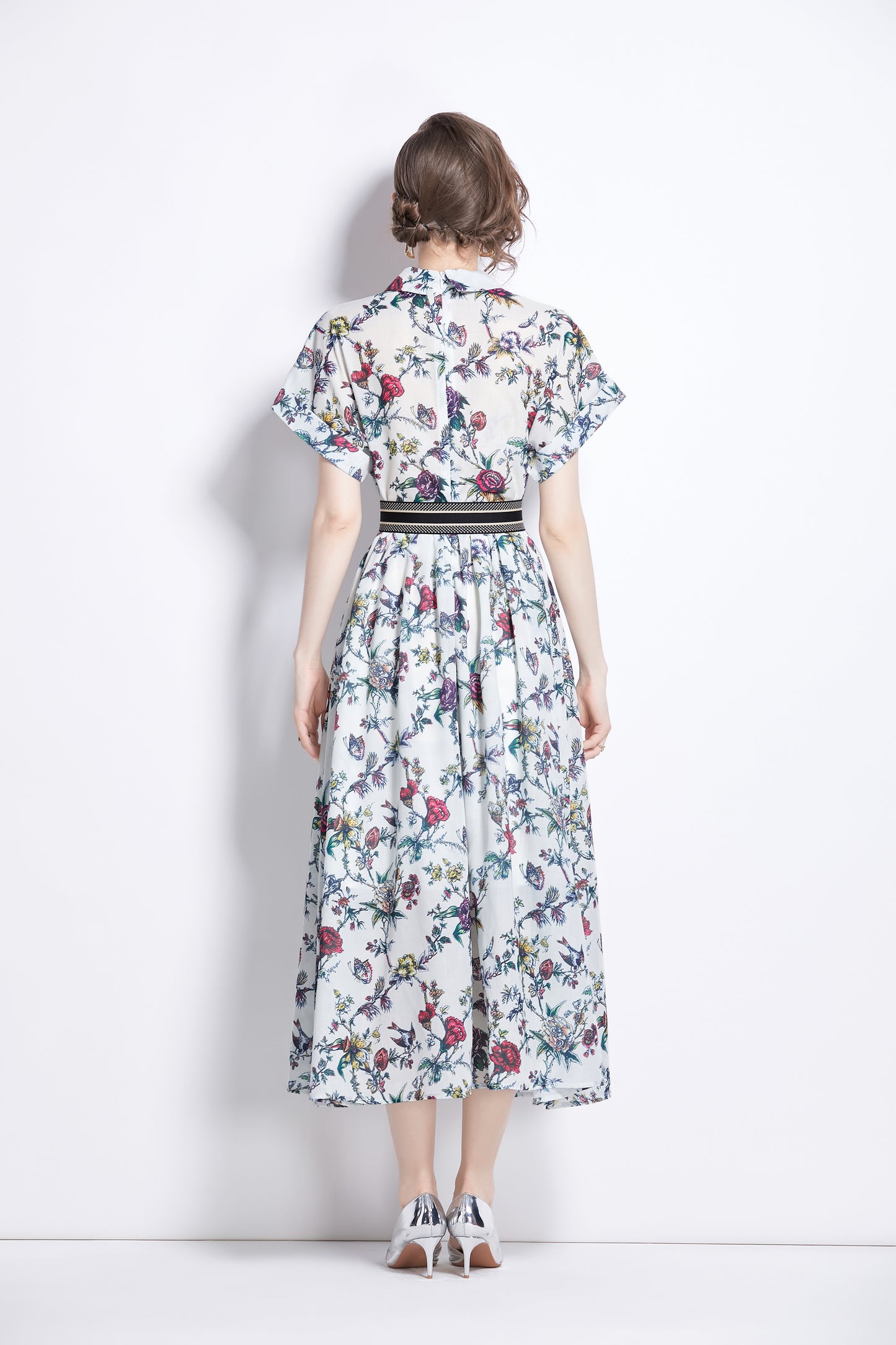 Women's Short Sleeves Collar Printed Midi Dress