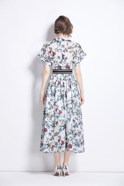 Women's Short Sleeves Collar Printed Midi Dress