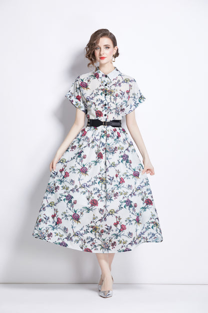 Women's Short Sleeves Collar Printed Midi Dress
