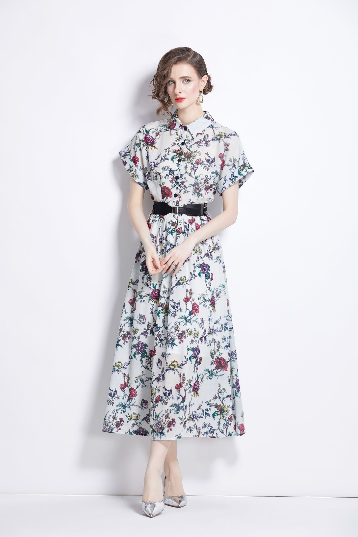 Women's Short Sleeves Collar Printed Midi Dress