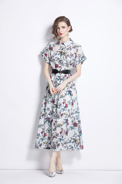 Women's Short Sleeves Collar Printed Midi Dress
