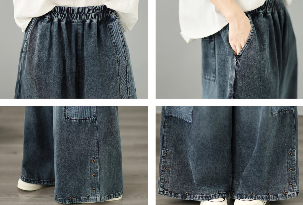 28667-Vintage Denim Wide-Leg Pants with Buttons Trim & Patch Pockets