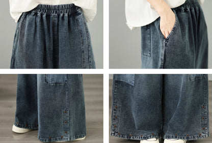 28667-Vintage Denim Wide-Leg Pants with Buttons Trim & Patch Pockets