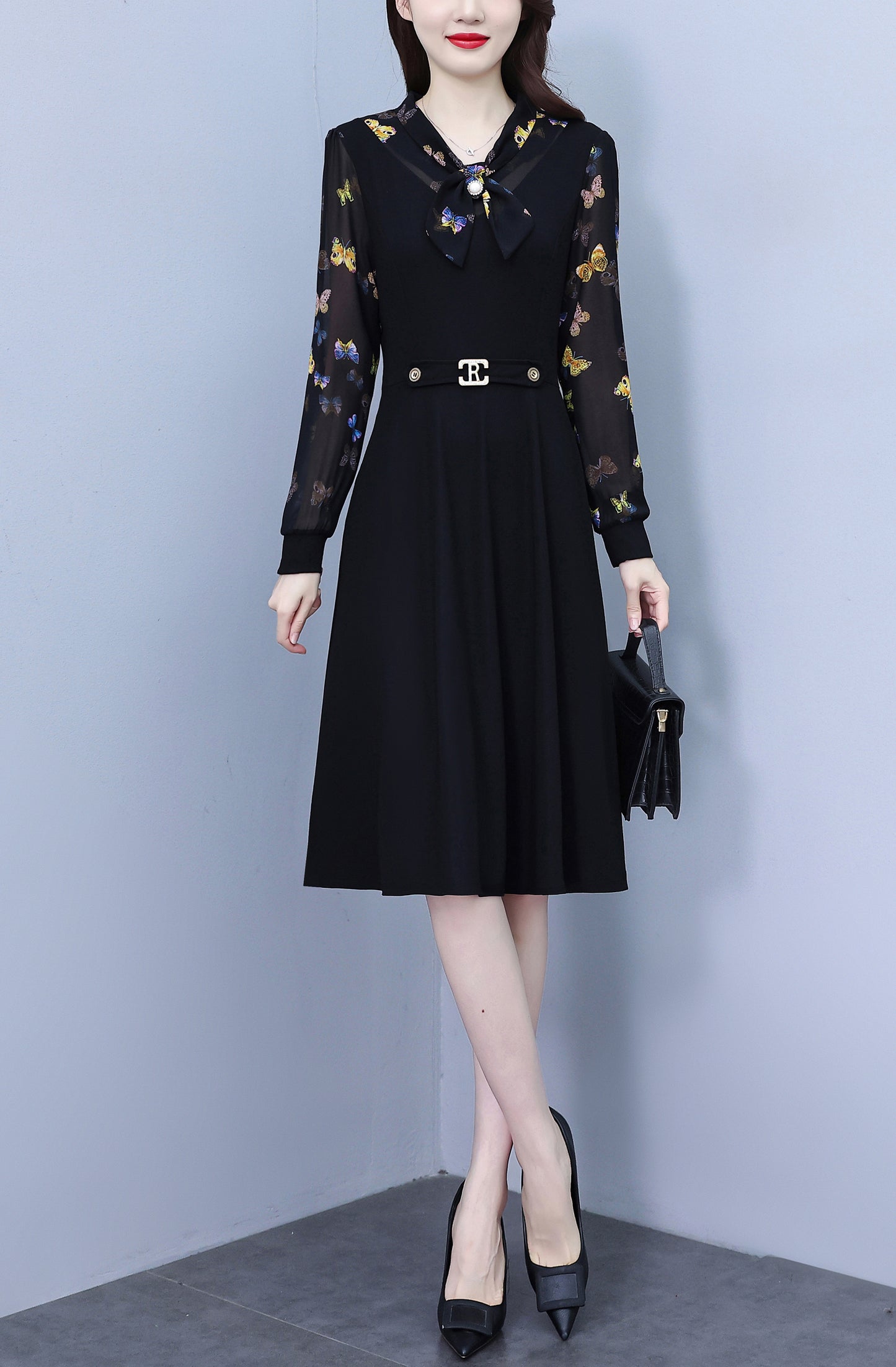 Women's Elegant Tie Neck Long Sleeve Black Dress