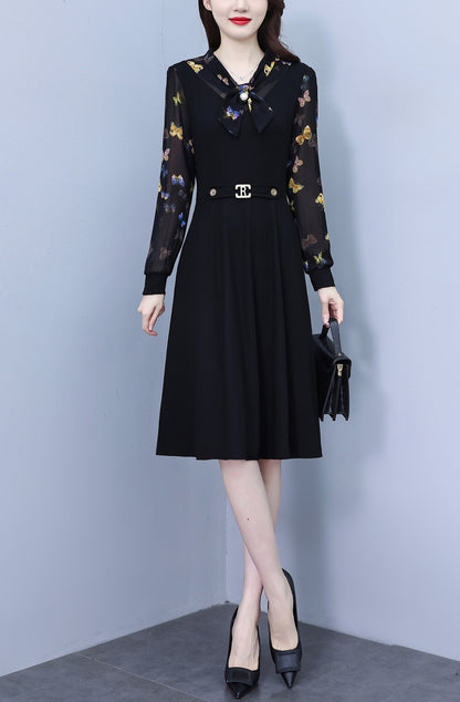 Women's Elegant Tie Neck Long Sleeve Black Dress