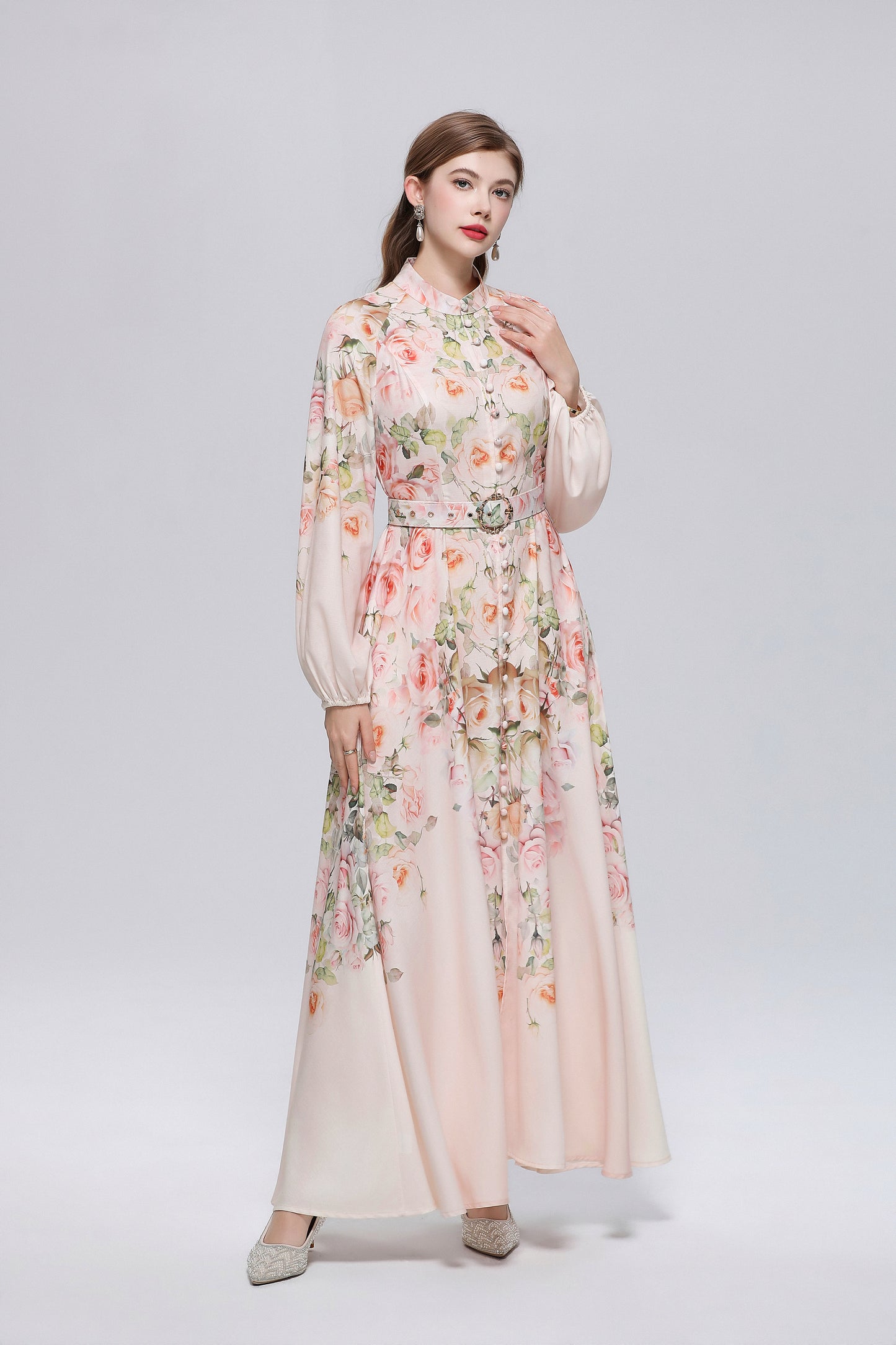 26-Women Floral Print Button Flowy Maxi Belt Dress