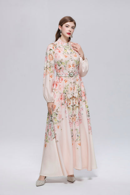 26-Women Floral Print Button Flowy Maxi Belt Dress