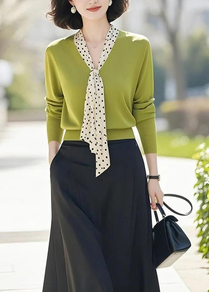 Women's Tie V-Neck Sweater Solid Color Pullover Tops