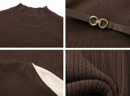 Elegant Contrast Sleeve Ribbed Knit Midi Dress – Timeless Autumn Charm