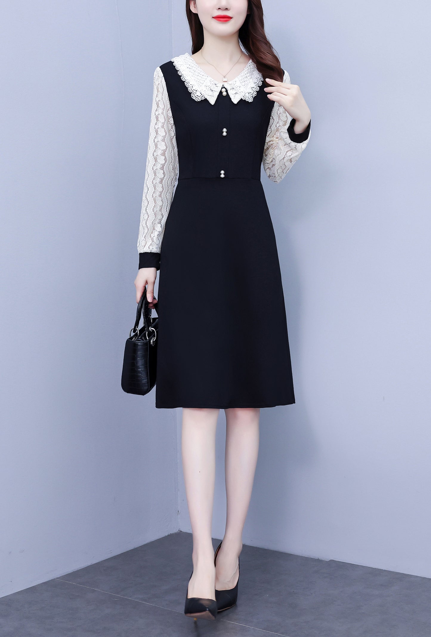 Women's Peter Pan Collar Long Sleeve Pocket Midi Dress