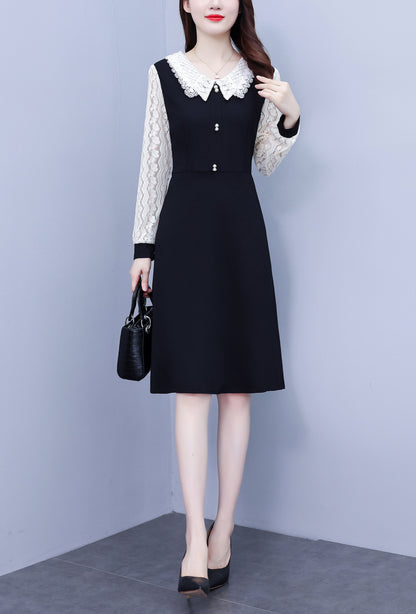 Women's Peter Pan Collar Long Sleeve Pocket Midi Dress