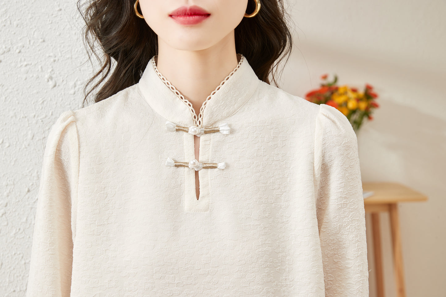 Women's Silk Satin Mandarin Collar Long Sleeve Blouse Top - LAI MENG FIVE CATS
