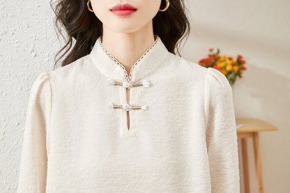 Women's Silk Satin Mandarin Collar Long Sleeve Blouse Top - LAI MENG FIVE CATS