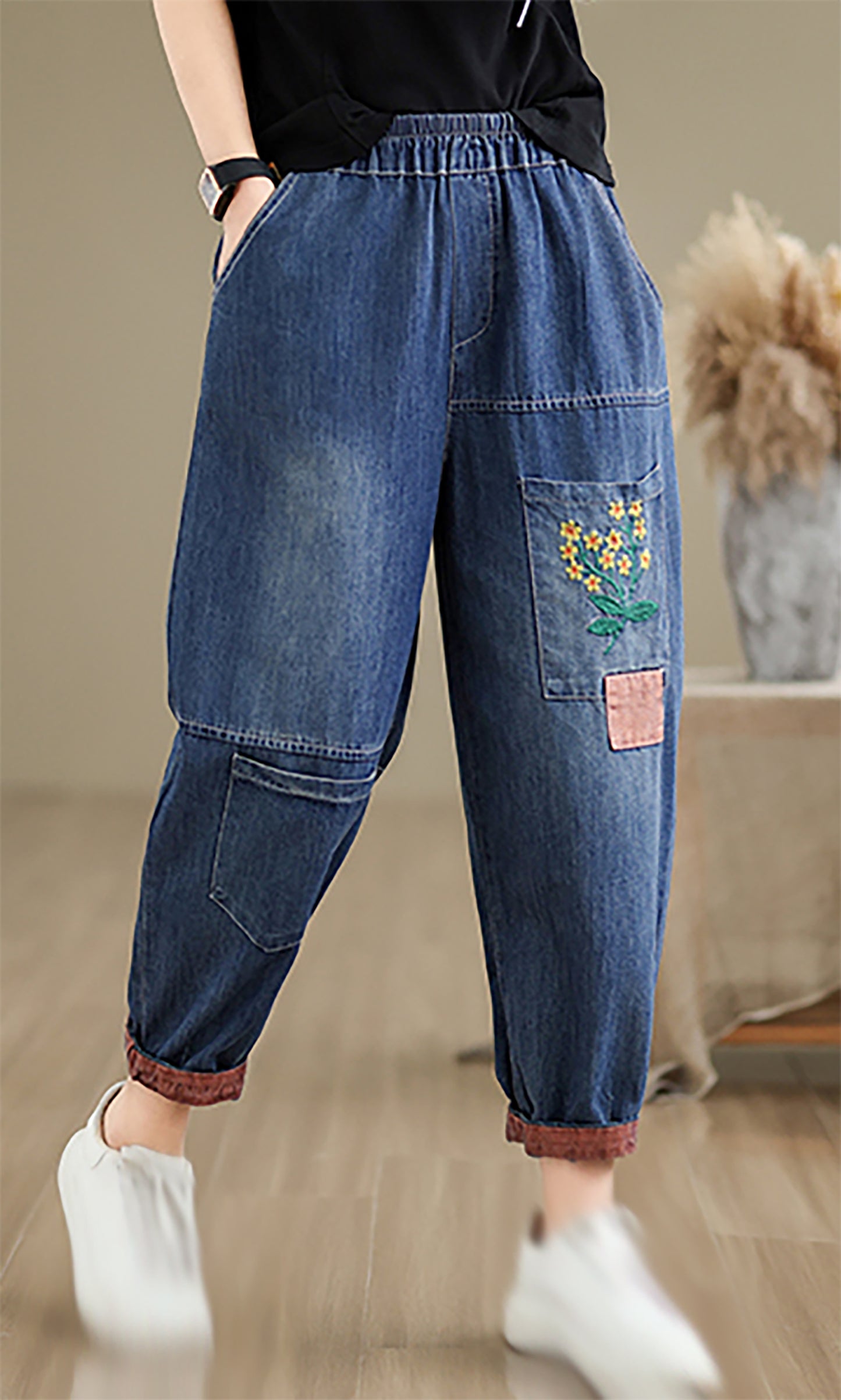 Women Loose Jeans Denim Pants Elastic Waist