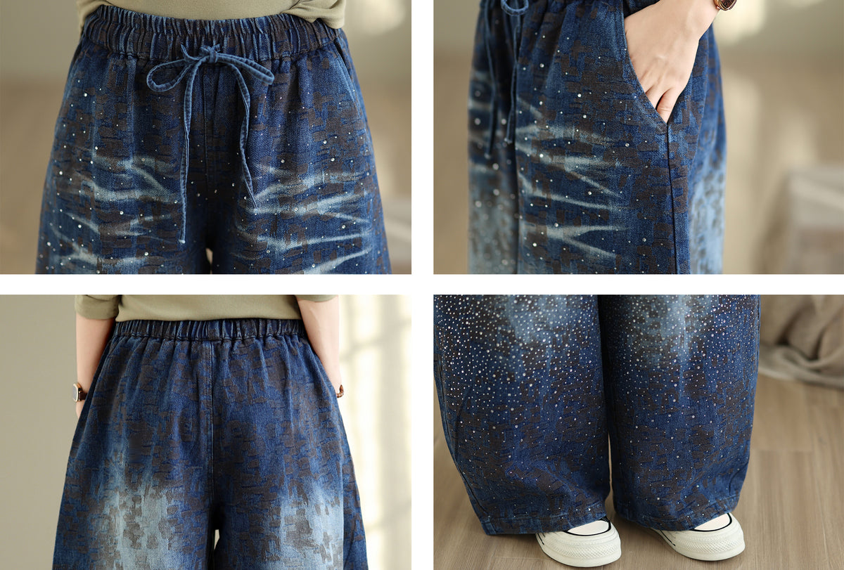 28679-Vintage Galaxy Speckle Denim Wide-Leg Pants with Drawstring Waist
