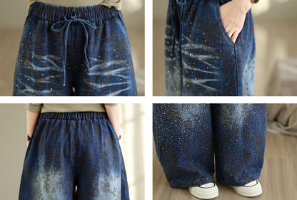 28679-Vintage Galaxy Speckle Denim Wide-Leg Pants with Drawstring Waist
