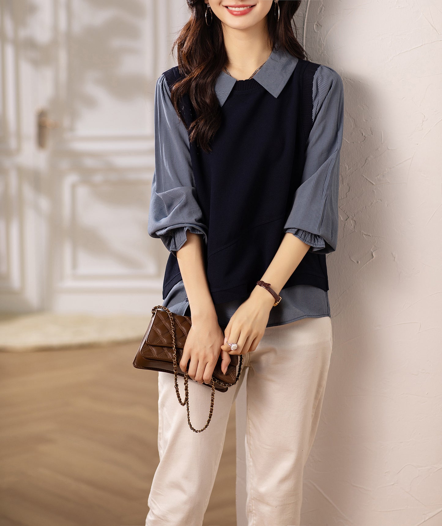 Women's Layered Knit Top | Lightweight Early Fall Collared Sweater Blouse