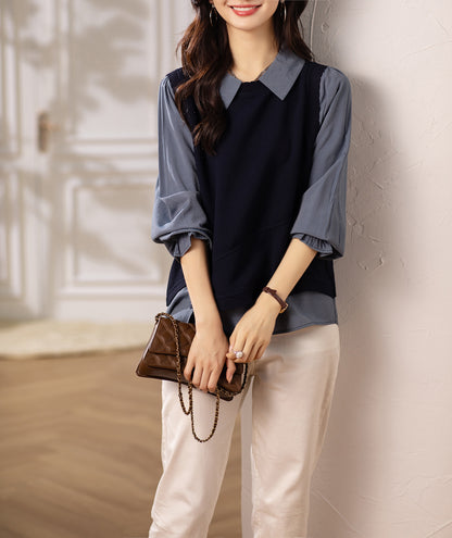 Women's Layered Knit Top | Lightweight Early Fall Collared Sweater Blouse
