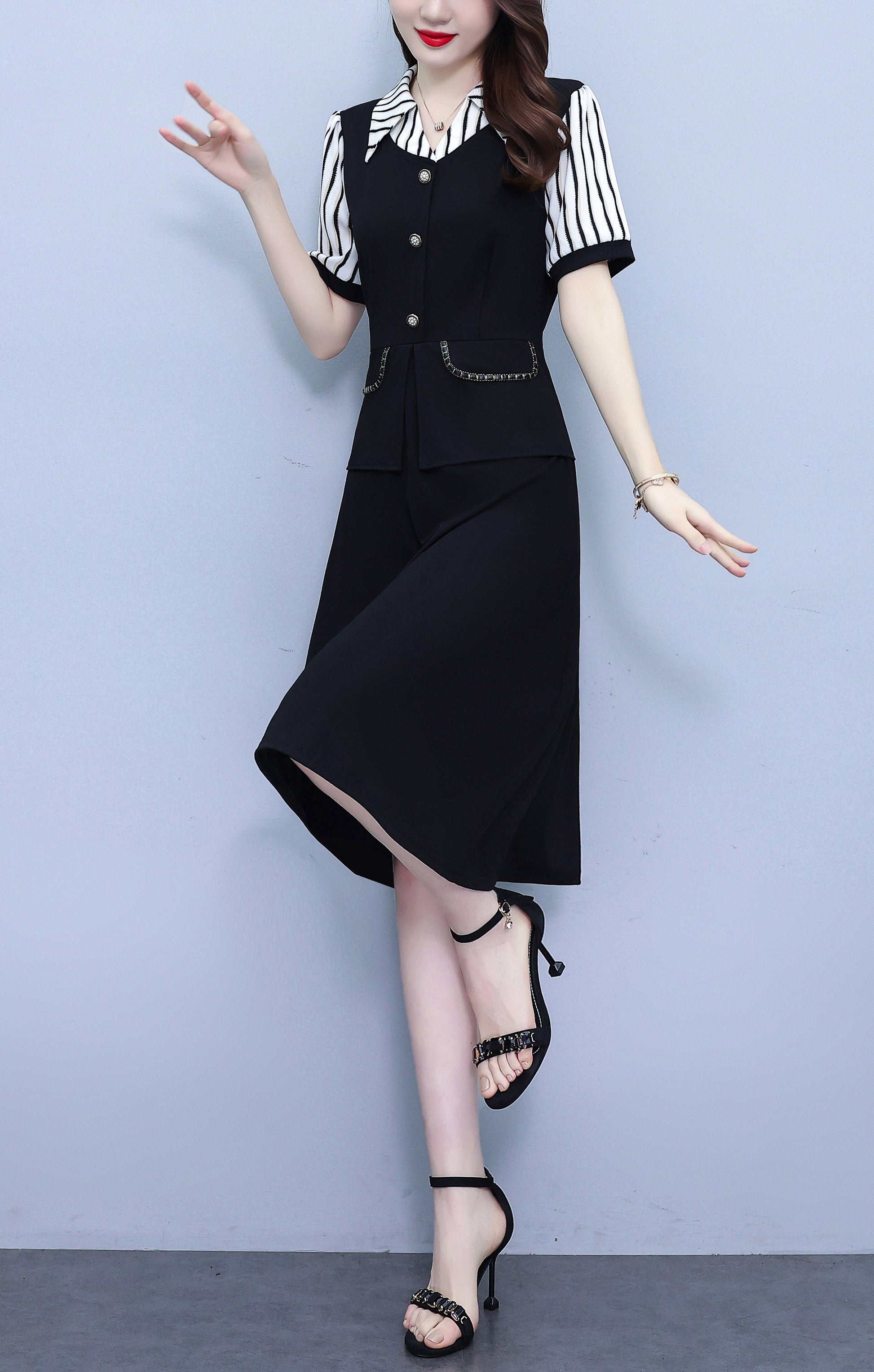 Women's Lapel V-Neck Pocket Short Sleeve Midi Dress - LAI MENG FIVE CATS