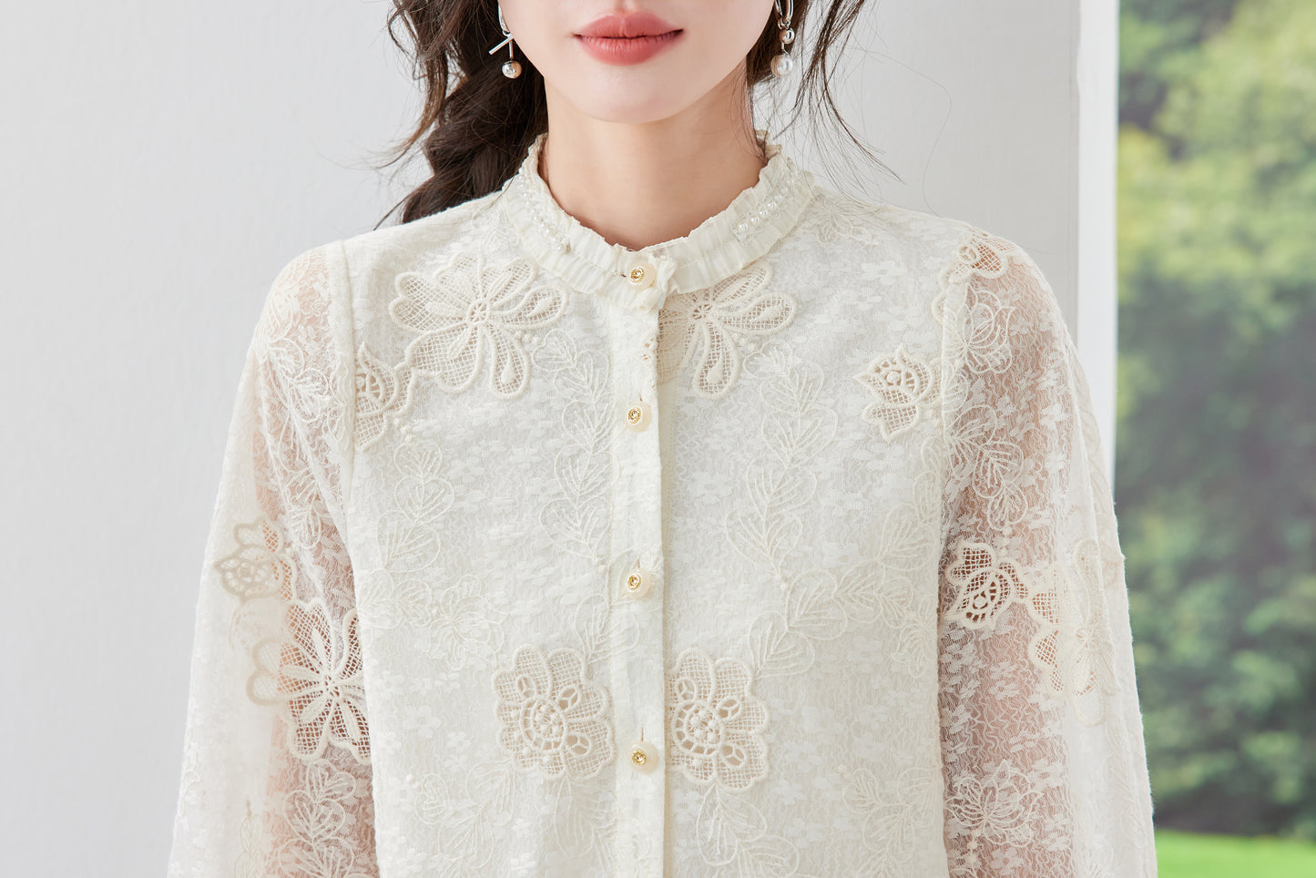 Ivory Lace Embroidered Button-Front Blouse