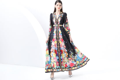 Women's Notch Lapels Puff Sleeve Print Maxi Dress