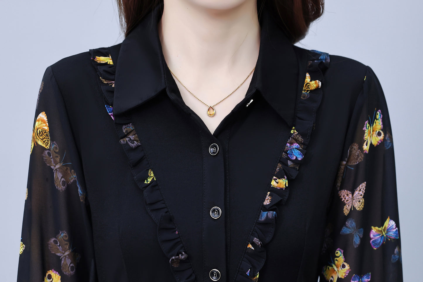 Women's V-Neck Long Sleeve Floral Print Black Dress