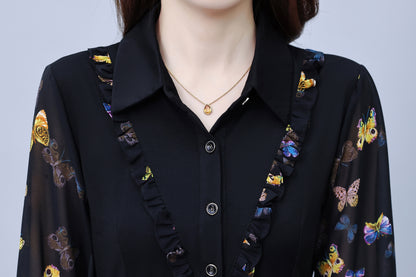 Women's V-Neck Long Sleeve Floral Print Black Dress