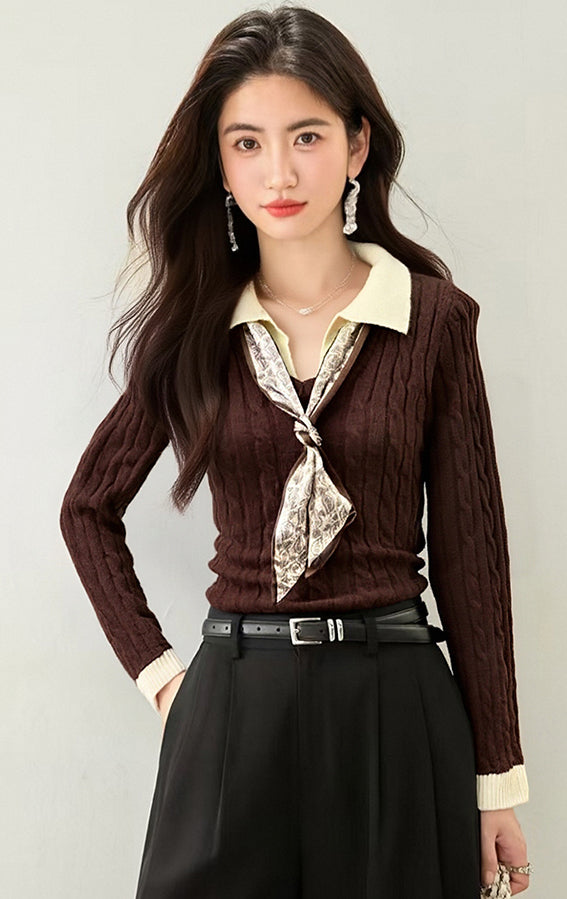 Preppy Color-Block Cable Knit Top with Contrast Collar & Tie Neck