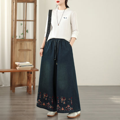 Women's Baggy Jeans Embroidery Elastic Waist Denim Pants