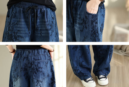 28671-Vintage Floral Print Denim Wide Leg Pants with Drawstring Waist