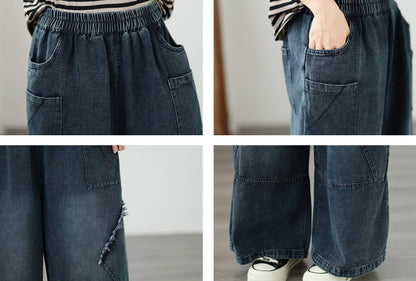 Vintage Denim Wide Leg Pants - Women's Patchwork Jeans Trousers