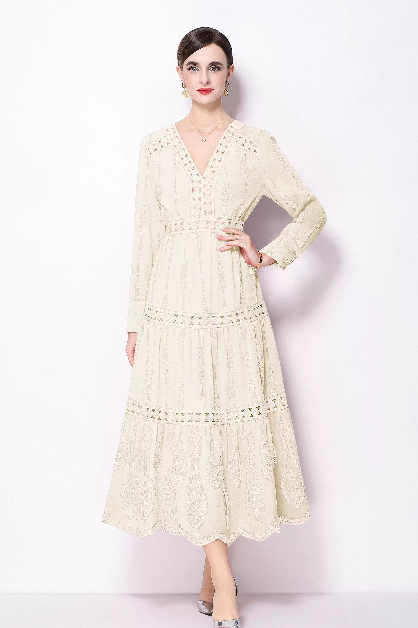 Women's V Neck Long Sleeve Hollowed Lace Linen Dress - LAI MENG FIVE CATS