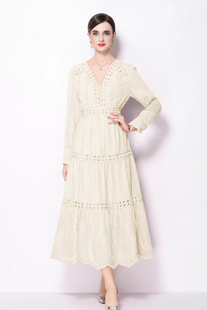 Women's V Neck Long Sleeve Hollowed Lace Linen Dress - LAI MENG FIVE CATS