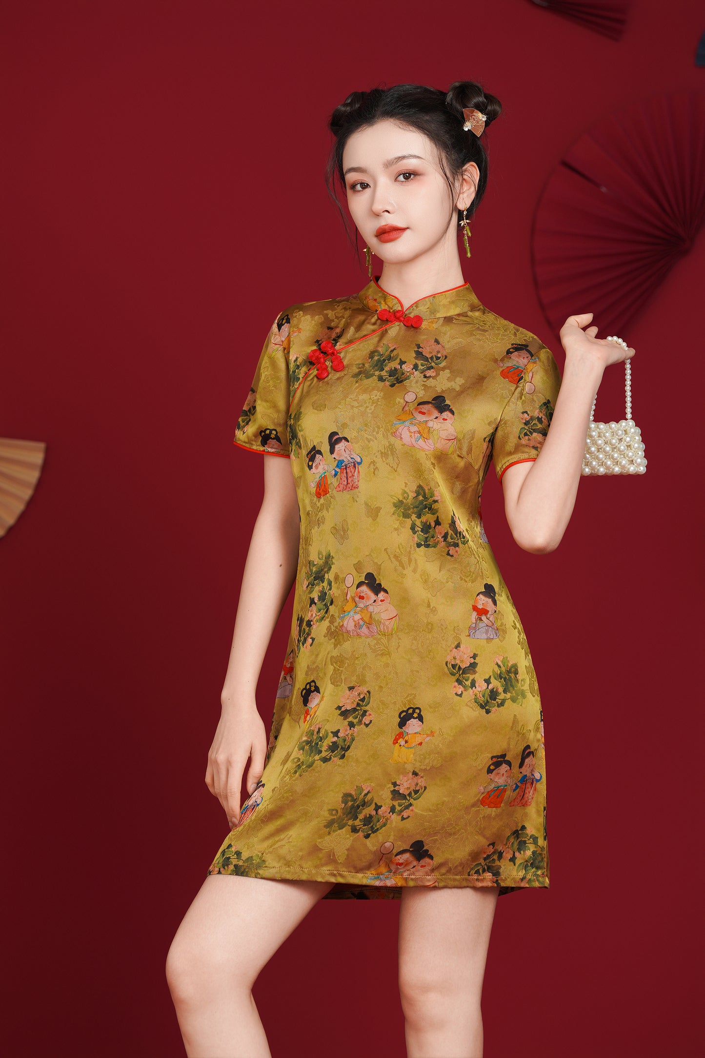 Women's Cheongsam Print Short Sleeve Mini Dress