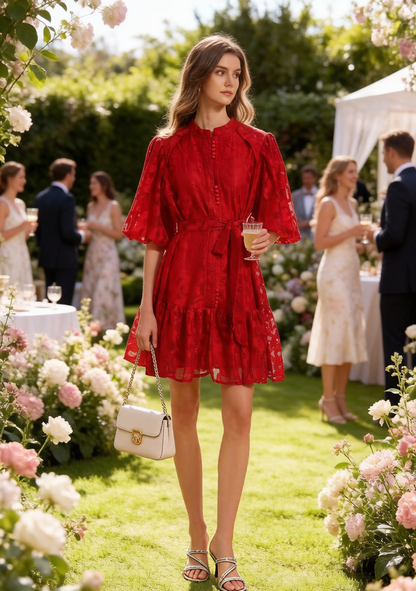 Elegant Loose Lace Mini Dress with Front Button Closure & Ruffle Hem - LAI MENG FIVE CATS