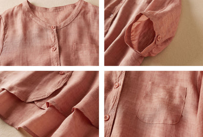 V Neck Button-up Linen Tunic Blouse