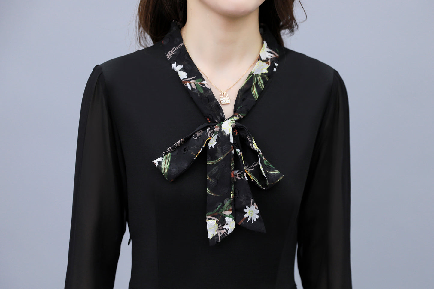 Women's V-Neck Long Sleeve Patchwork Black Dress