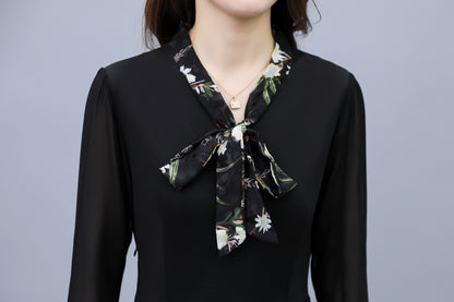 Women's V-Neck Long Sleeve Patchwork Black Dress