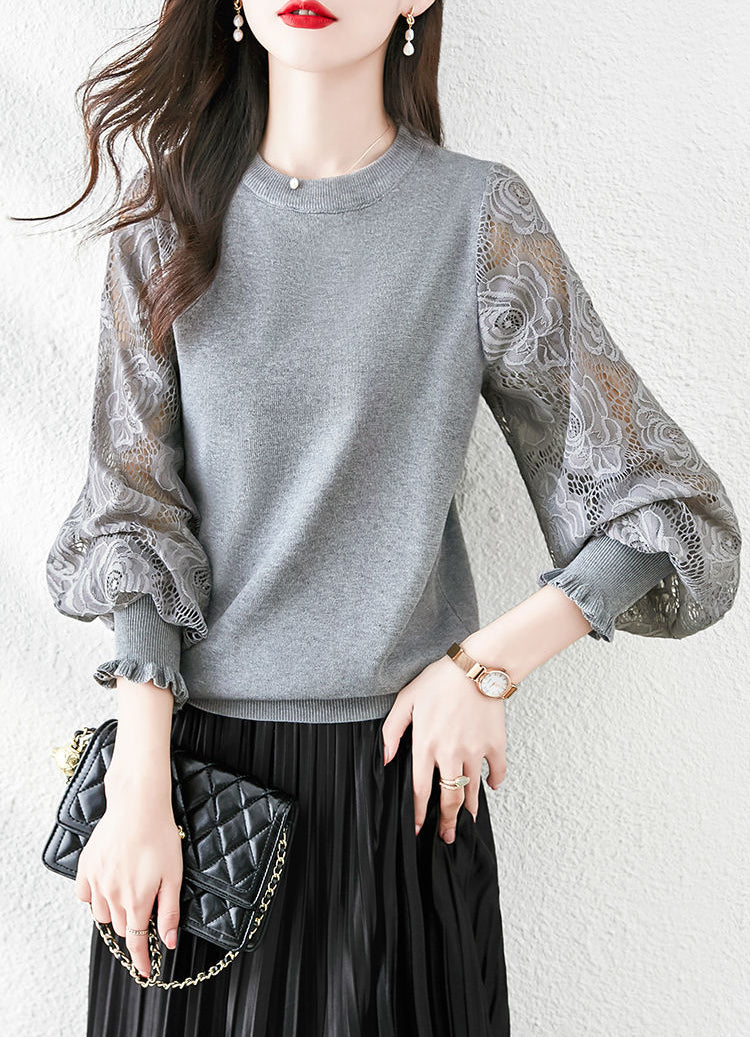 Women's Sweater Puff Sleeve Lace Knit Pullover Tops